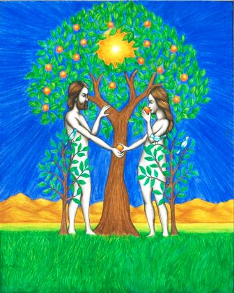 In this original book illustration, by Jason Koltuniak from Saved by the Alphabet, Adam and Eve commit the Original Sin.