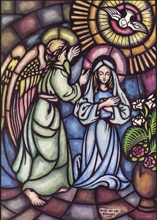 The angel Gabriel reveals to the Blessed Virgin Mary what God's plans are for her.