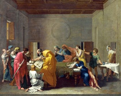 In this painting by Poussin, the priest anoints the dying man with holy oils while his family watches and prays.