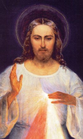 Close up of the first Divine Mercy painting, created in 1934 by Eugeniusz Kazimirowski, based on the request of Saint Faustina Kowalska and her confessor Rev. Michael Sopocko.