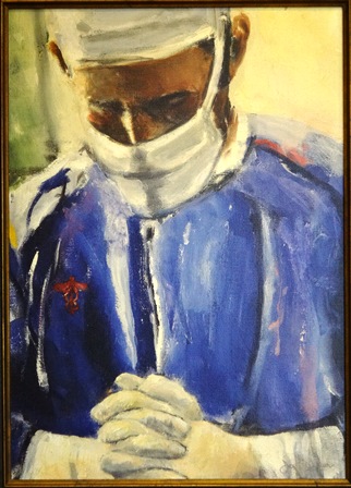 This painting of a doctor in prayer before surgery is in the office of Dr. Mark Hickman, a Catholic surgeon in San Antonio, Texas.