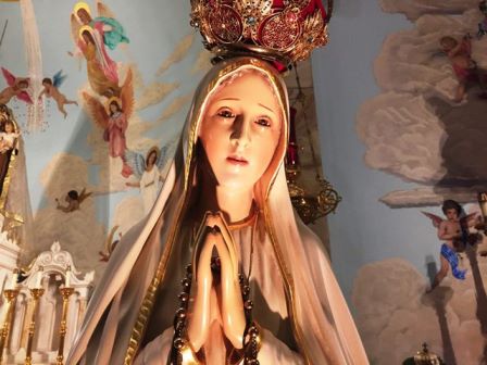 The Statue of Our Lady of Fatima is based on the apparitions of the Blessed Virgin Mary to three shepherd children at Fatima, Portugal in 1917.