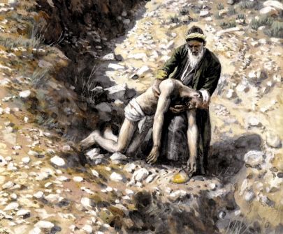 This compassionate artwork by James Jacques Joseph Tissot, 1836-1902, shows a Good Samaritan man picking up the almost-dead body of a stranger.