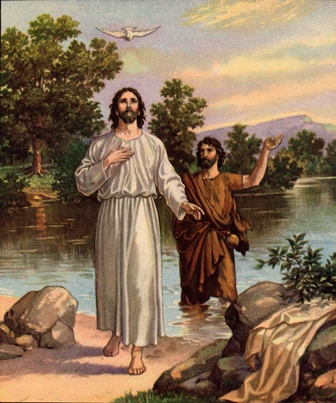 The Holy Spirit, in the form of a Dove,descends upon Jesus at His baptism to confirm that He is the Son of God.