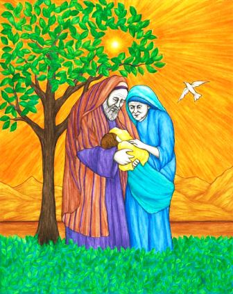 In this original book illustration, by Jason Koltuniak in Saved by the Alphabet from Divine Providence Press, John the Baptist is born to Elizabeth and Zechariah.
