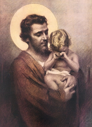 Saint Joseph, the foster father of Jesus, holds Christ as a child in this artwork by C.B. Chambers. Though it appears the Christ Child is crying, it is also possible that He is simply tired and rubbing his eyes.