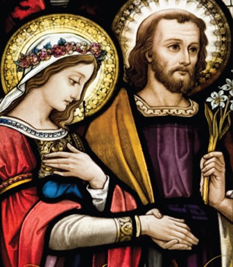 In this original artwork from the Missionaries of the Holy Family, Mary and Joseph exchange wedding vows.