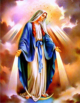This image honors the Blessed Virgin Mary as the Queen of Heaven from the Book of Revelation, Chapter 12.