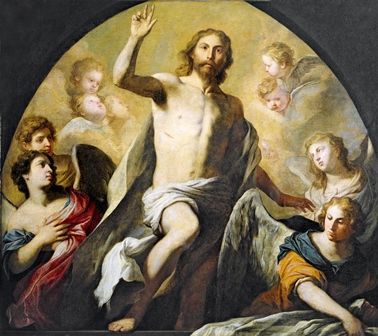 This artwork by P. Novelli shows Jesus gloriously rising from the dead on Easter Sunday surrounded by angels.