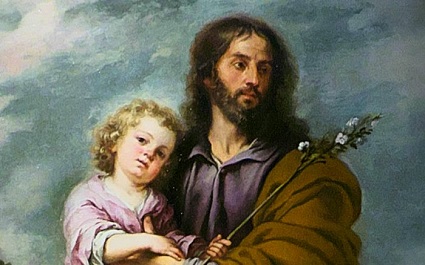 This is a public domain image of Saint Joseph as protector and father of the Child Jesus.