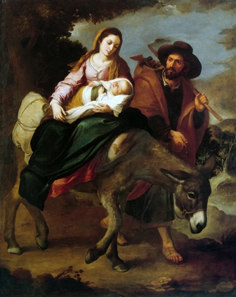 In this painting by E. Murillo, the Holy Family of Jesus, Mary, and Joseph travel to Egypt to escape the wrath of King Herod.