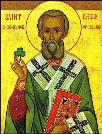 This classic icon of Saint Patrick depicts him holding a shamrock in his right hand and a Bible in his left hand.
