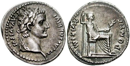 This is an image of a denarius coin in the time of Jesus Christ, which reads: Caesar Augustus Tiberius, son of the Divine Augustus.