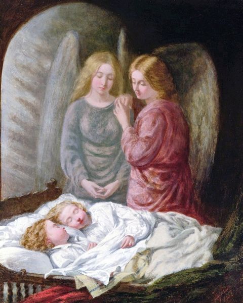 In this painting by the British artist Joshua Mann, 1849-1884, two angels keep watch over a sleeping child.