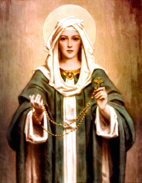 The Blessed Virgin Mary is depicted in this special artwork as Our Lady of the Rosary.