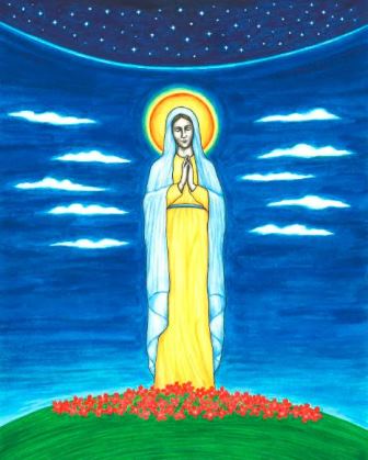 In this original book illustration, by Jason Koltuniak from Saved by the Alphabet, the Virgin Mary is the spiritual mother of all who believe in Jesus Christ.