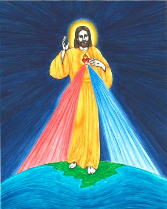 In this original book illustration, by Jason Koltuniak in Saved by the Alphabet from Divine Providence Press, the Blood of Jesus reconciled the world to God.