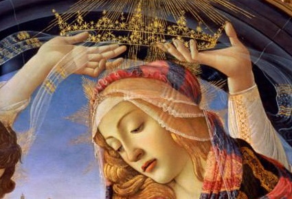 In the Fifth Glorious Mystery, the Blessed Virgin Mary is crowned as Queen of Heaven from the Book of Revelation, Chapter 12.
