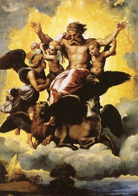 Raphael's famous 1518 depiction of Prophet Ezekiel's vision of God the Father in glory.