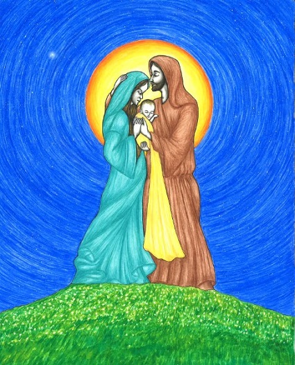 This illustration of the Holy Family of Jesus, Mary, and Joseph is by artist Jason Koltuniak for the children's book from Divine Providence Press, 