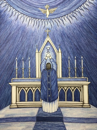 This illustration of the Eucharistic Consecration at Mass is by artist Jason Koltuniak for the children's book from Divine Providence Press, 