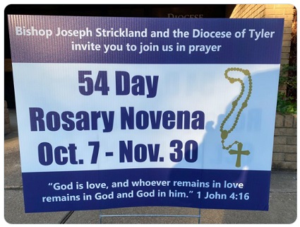 This banner sign invites everyone to participate in prayer during the 54-Day Rosary Novena.