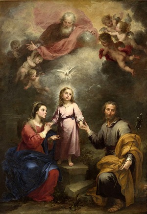 This beautiful painting of the Holy Family of Jesus, Mary, and Joseph is by the Spanish Baroque painter, Murillo, and it is now in the public domain.