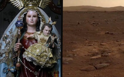 Our Lady traveled to Mars under the title of “Nuestra Señora de Flores” (Our Lady of Flowers), patron saint of Álora, Spain.