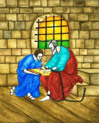 In this original book illustration, by Jason Koltuniak in Saved by the Alphabet from Divine Providence Press, Onesimus, a runaway slave, visits the apostle Paul who is in prison.