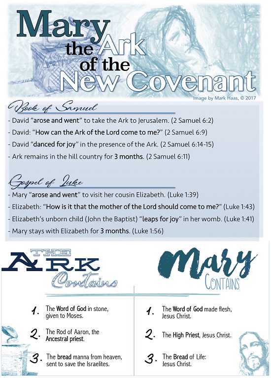 The Blessed Virgin Mary is the Ark of the New Covenant because she carried Jesus Christ, The New Covenant, in her womb (ark).