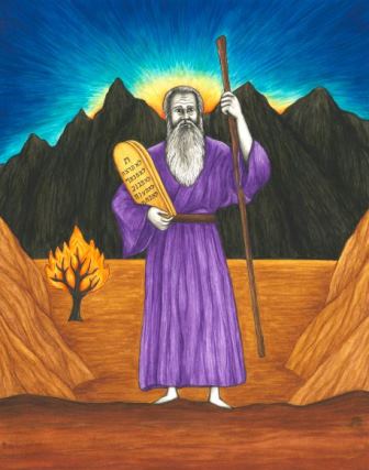 In this original book illustration, by Jason Koltuniak in Saved by the Alphabet from Divine Providence Press, Moses receives the Ten Commandments from God.