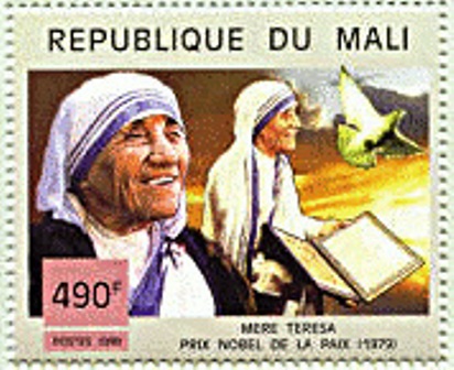 This is an international postage stamp honoring Mother Teresa of Calcutta, the Saint of the Poor.