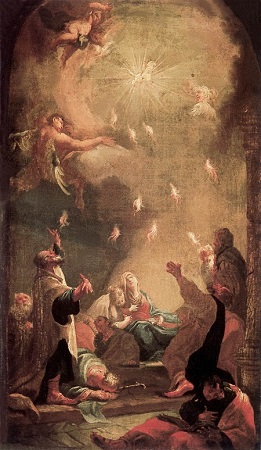 This famous painting from 1782, of the apostles being anointed by the Holy Spirit at Pentecost, is by the artist Istvan Dorffmaister.