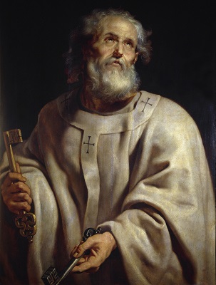 Saint Peter holding the gold key to the Kingdom of Heaven and the silver key to Purgatory.