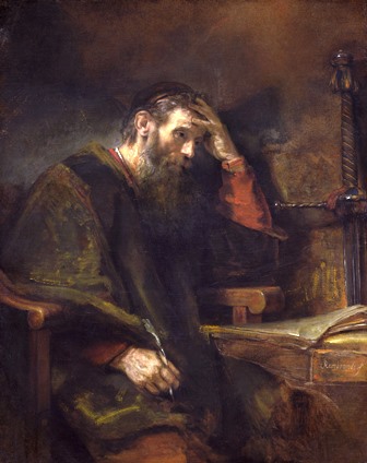 This famous painting, The Apostle Paul by Rembrandt van Rijn, is dated to 1657, oil on canvas (Dutch, 1606 - 1669 ).